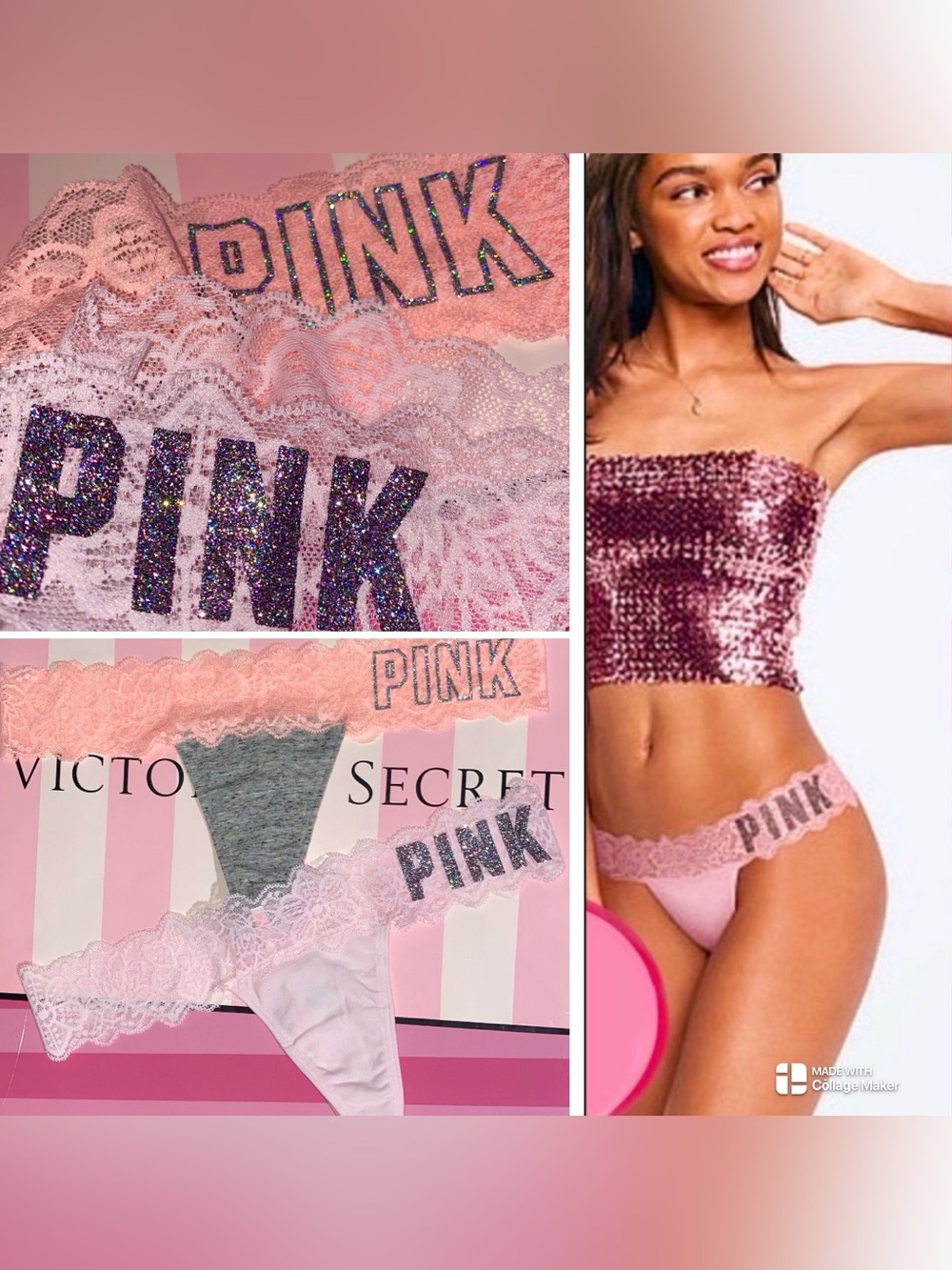 2 Victoria’s Secret PINK Thong Panties PINK lace panties bundle pink bling small